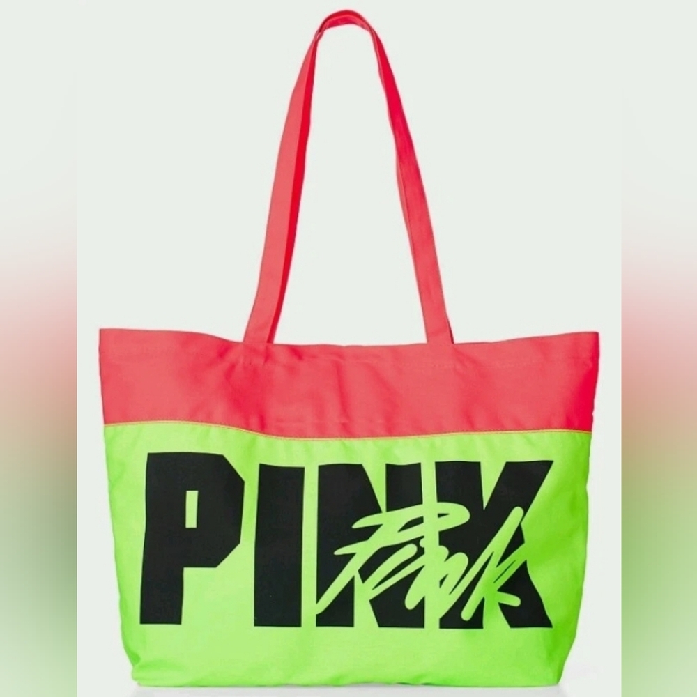 PINK Victoria's Secret Neon Green and Pink Tote Bag